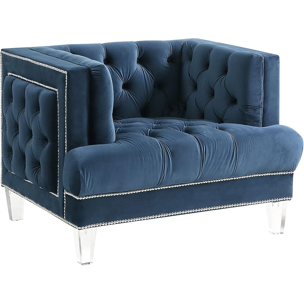 Luxury Classic Button Tufted Velvet Fabric Upholstered Armchair Loveseat Couch with Square Track Nailhead Trim Acrylic Leg for Home Office Living Room (Blue Armchair) (Blue Armchair)