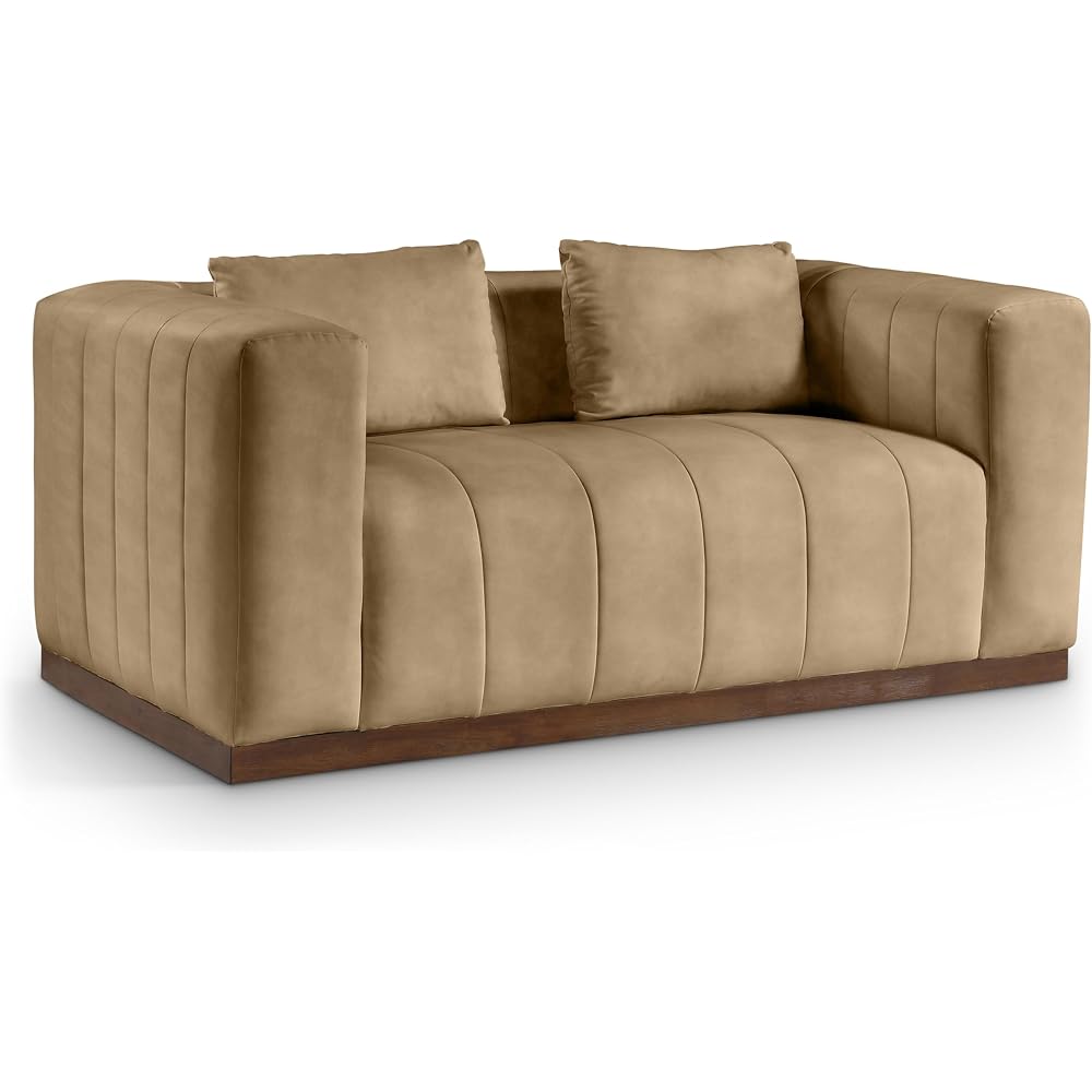 Meridian Furniture 44098Tan-L Mallina Collection Modern | Contemporary Loveseat with Soft Tan Vegan Leather, Walnut Finish Solid Wood Base, Deep Channel Tufting, 67" W x 36" D x 28.5" H, Tan