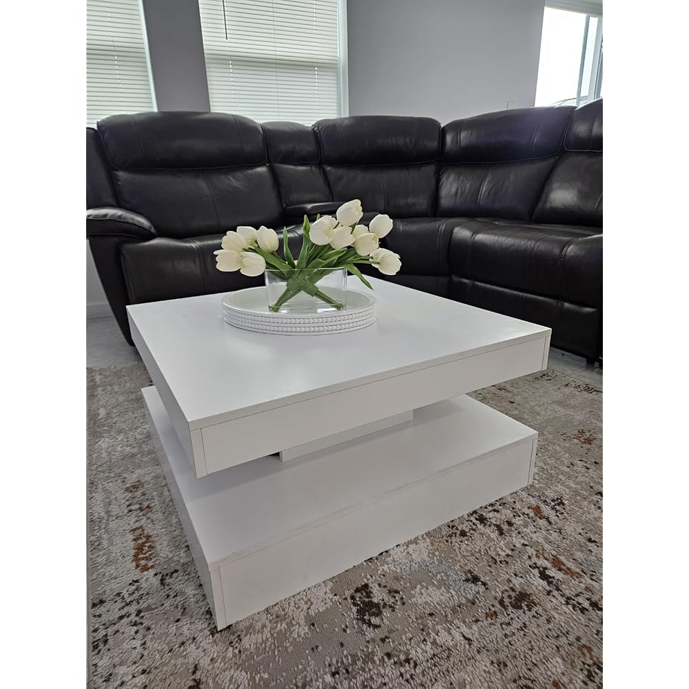 HedoAjim Black Marble LED Coffee Table for Living Room, Living Room Table 2-Tier Square Middle Center Table, Modern Coffee Tables with Storage, Contemporary Wood Tea Tables for Dining Reception