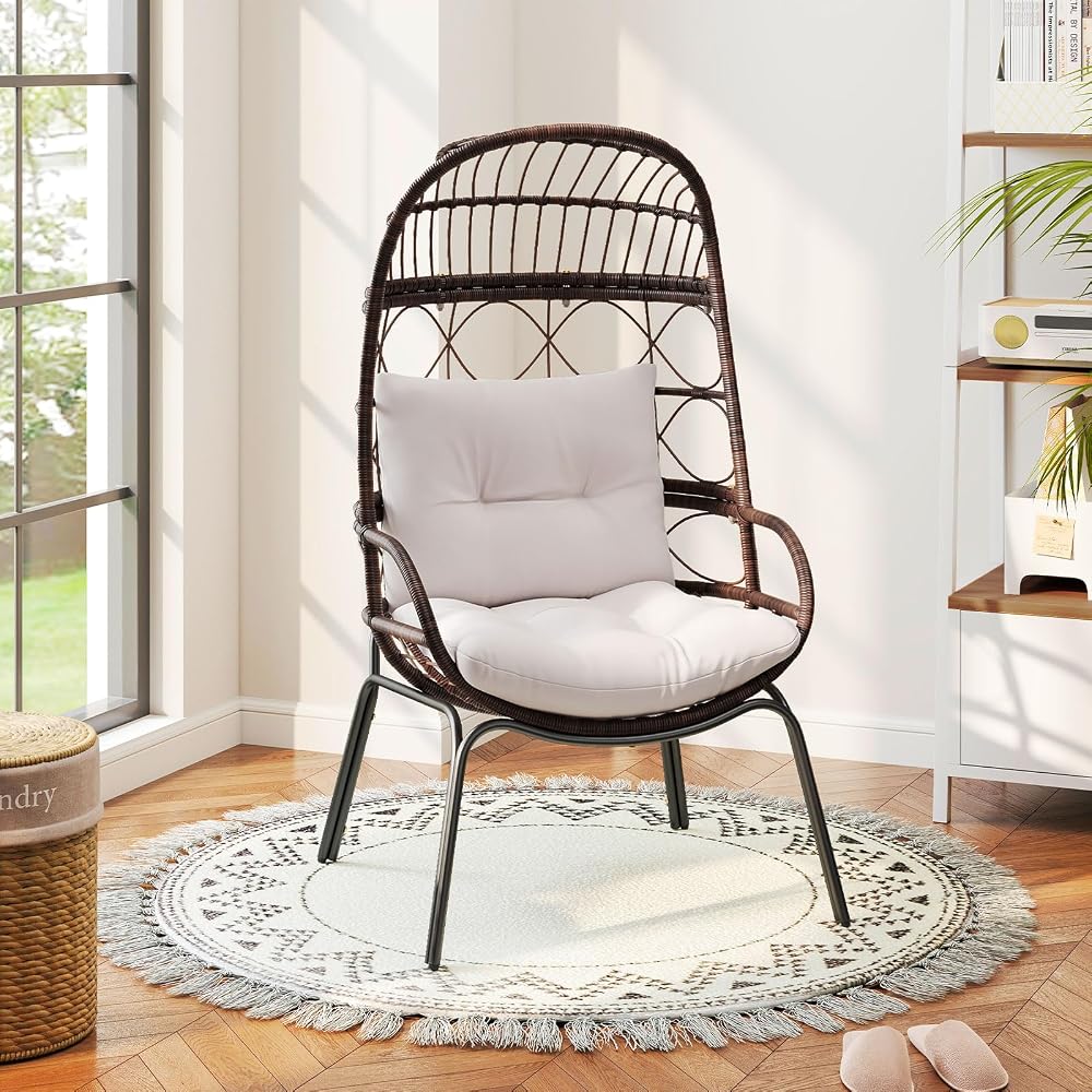 Tangkula Narrow Wicker Egg Chair Outdoor, Patio Rattan Lounge Basket with Seat & Back Cushions, Metal Indoor Outdoor Leisure Sofa Cocoon Chair for Bedroom, Backyard, Balcony, 400 lbs Max Load