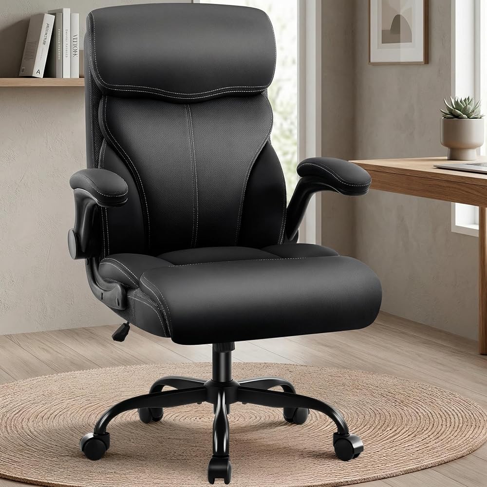 AreShark Executive Office Chair - 400lbs Heavy Duty Ergonomic Desk Chair with Comfy Cushion, High Back Breathable Leather Computer Chair with Flip-up Arms & Rocking Function for Home Office