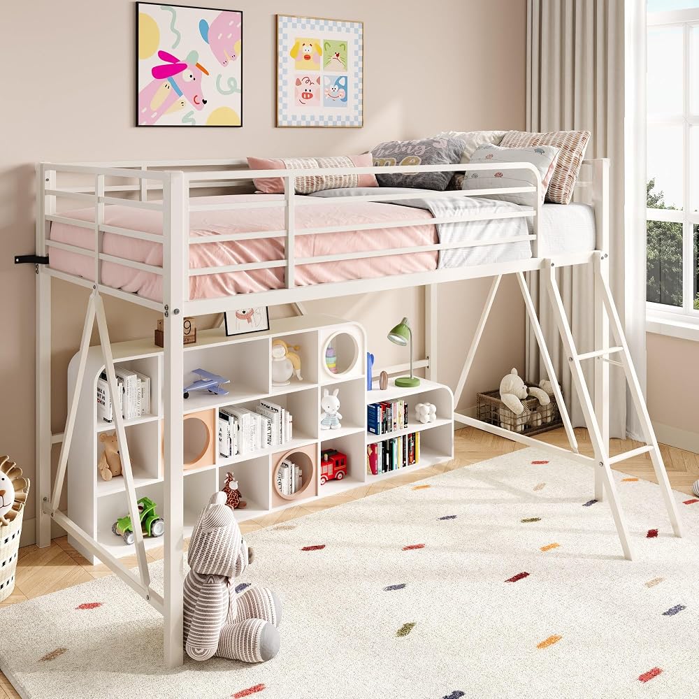 SHA CERLIN Twin Size Metal Low Loft Bed, CPC Safety Certified, White