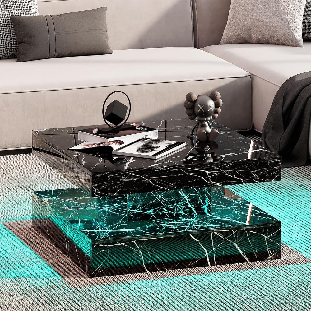 HedoAjim Black Marble LED Coffee Table for Living Room, Living Room Table 2-Tier Square Middle Center Table, Modern Coffee Tables with Storage, Contemporary Wood Tea Tables for Dining Reception